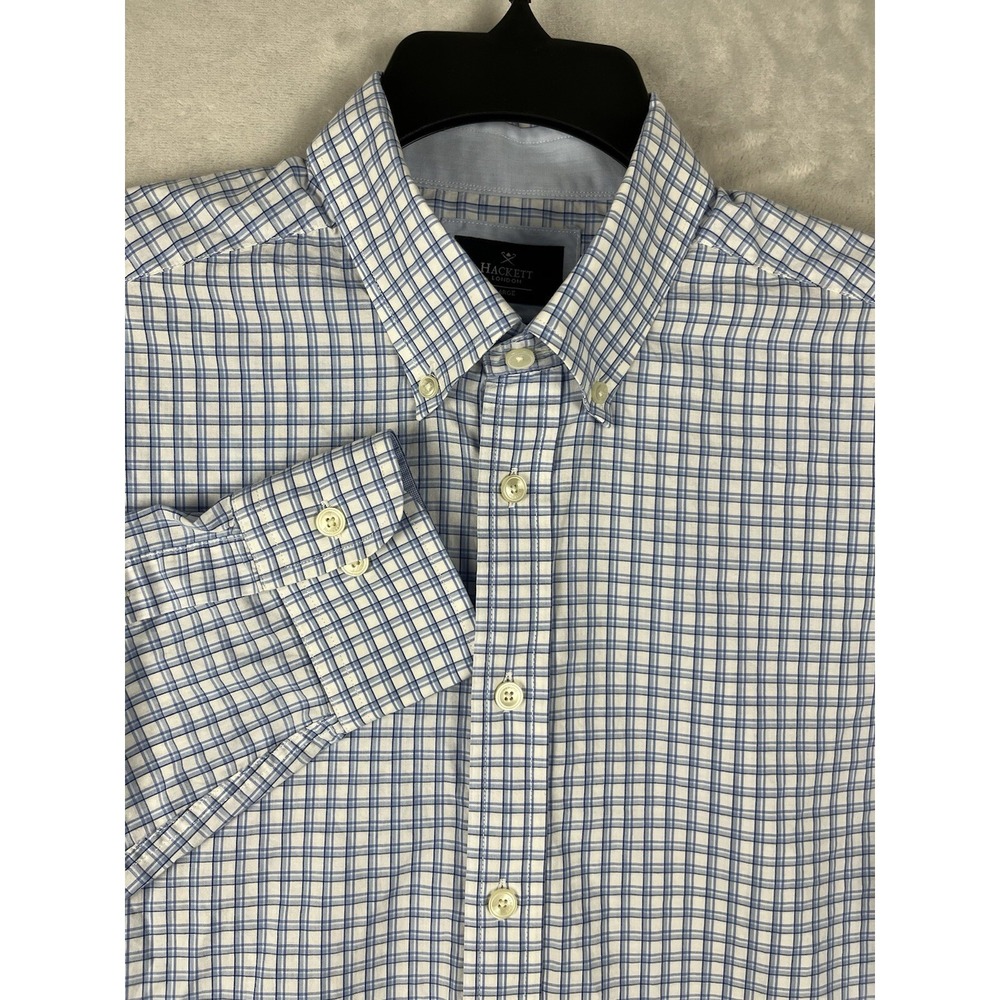 HACKETT London Men's Shirt  Large Check Blue Slim Fit Poplin Back Yoke HM304444